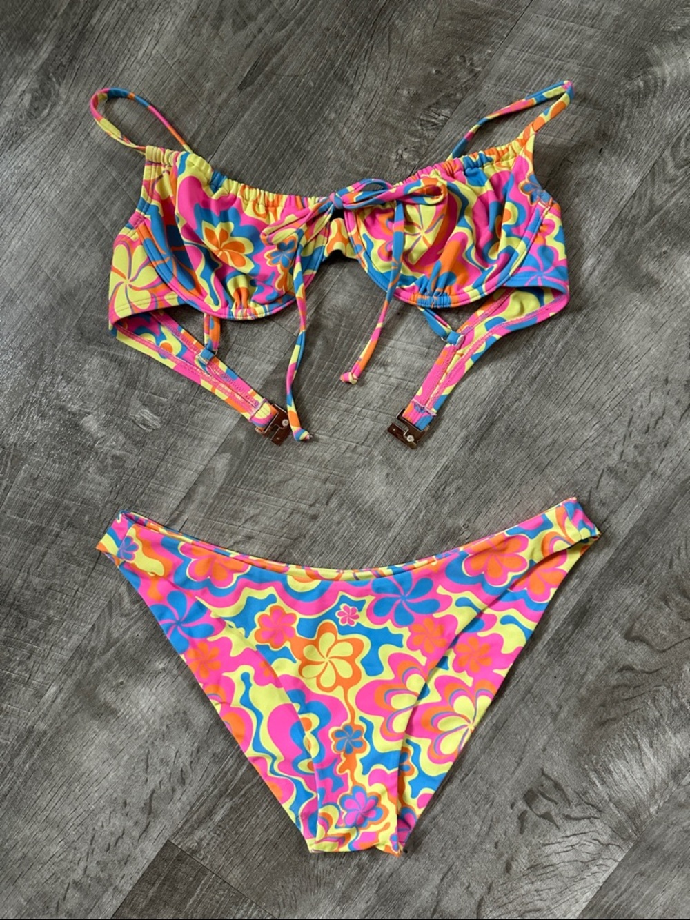 Kulani Kinis Bright Blue Pink Orange Floral Bikini Top Medium